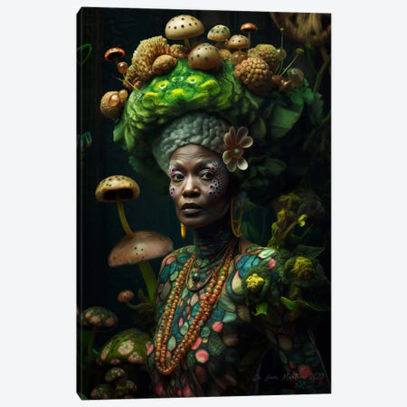 Retro Futurist African Grandma - Mushrooms II Canvas Print #DGW60} by Digital Wild Art Canvas Art Print