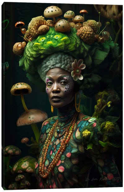 Retro Futurist African Grandma - Mushrooms II Canvas Art Print - Mushroom Art