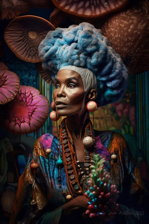 Retro Futurist African Grandma - Mushrooms III