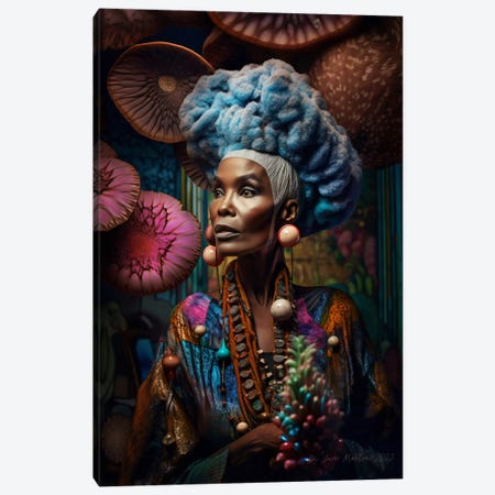 Retro Futurist African Grandma - Mushrooms III Canvas Print #DGW61} by Digital Wild Art Canvas Print