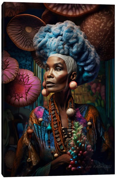 Retro Futurist African Grandma - Mushrooms III Canvas Art Print - Mushroom Art