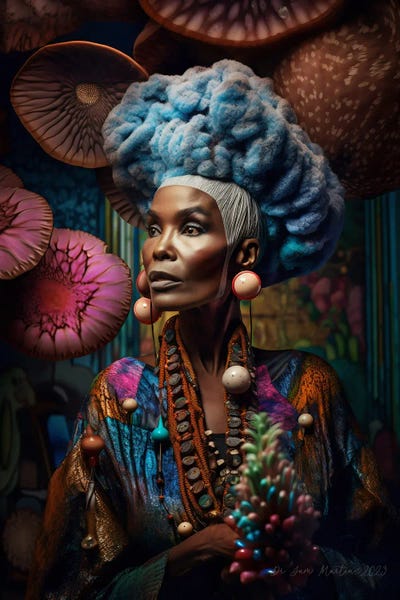 Santa Fe: Retro Futurist African Grandma - Mushrooms III by Digital Wild Art