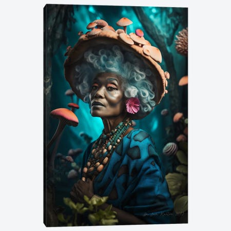 Retro Futurist African Grandma - Mushrooms IV Canvas Print #DGW62} by Digital Wild Art Art Print