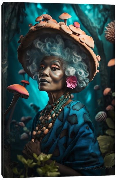 Retro Futurist African Grandma - Mushrooms IV Canvas Art Print - Mushroom Art
