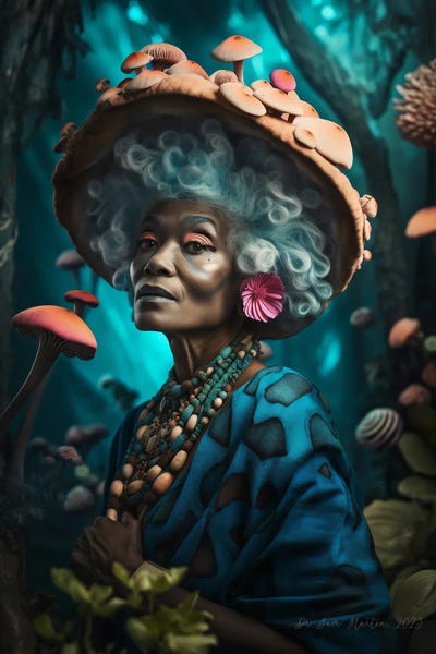 Teal: Retro Futurist African Grandma - Mushrooms IV by Digital Wild Art