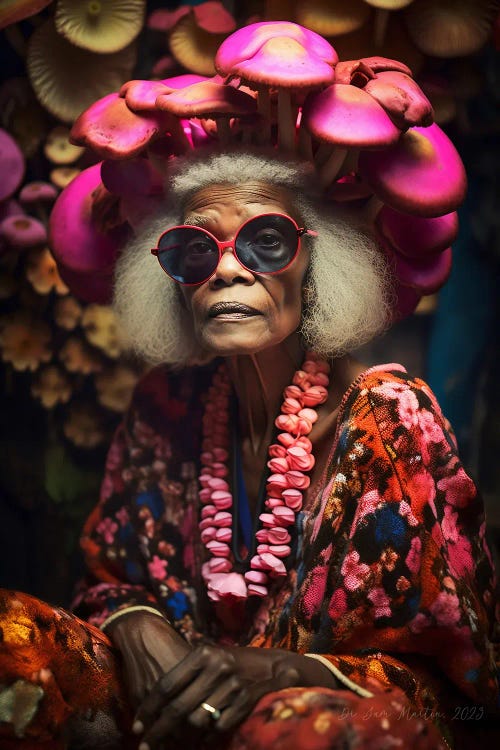 Retro Futurist African Grandma - Mushrooms V