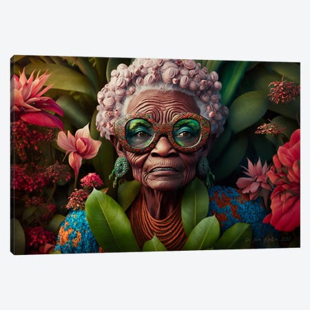 Retro Futurist African Grandma - Flowers I Canvas Print #DGW66} by Digital Wild Art Canvas Art