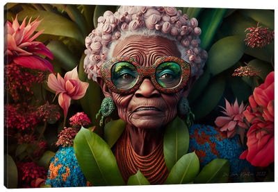 Retro Futurist African Grandma - Flowers I Canvas Art Print - Digital Wild Art