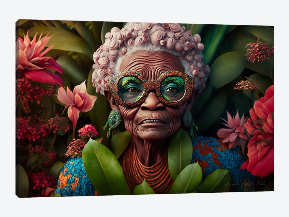 Retro Futurist African Grandma - Flowers I by Digital Wild Art 1-piece Art Print