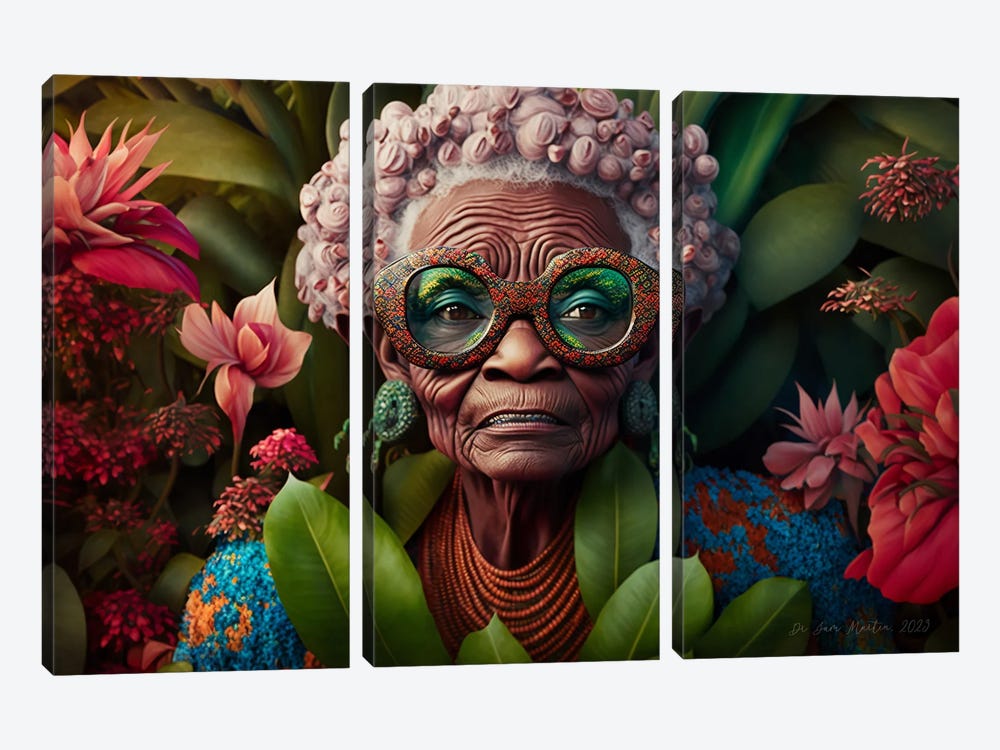 Retro Futurist African Grandma - Flowers I by Digital Wild Art 3-piece Canvas Art Print