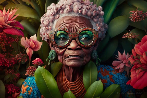 Brown: Retro Futurist African Grandma - Flowers I by Digital Wild Art