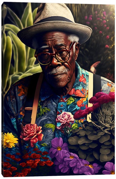 Retro Futurist African Grandpa - Garden I Canvas Art Print - Digital Wild Art