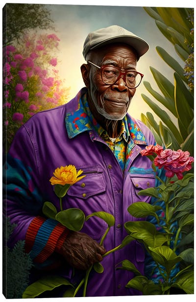 Retro Futurist African Grandpa - Garden II Canvas Art Print - Digital Wild Art