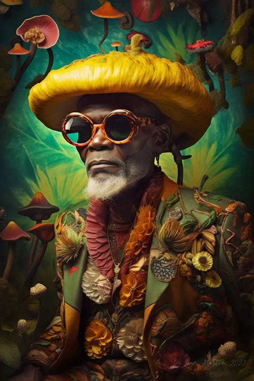 Retro Futurist African Grandpa - Mushrooms I