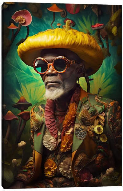 Retro Futurist African Grandpa - Mushrooms I Canvas Art Print - Digital Wild Art