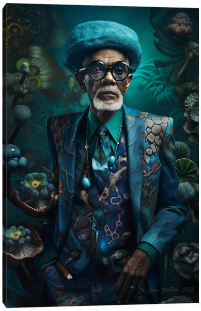 Retro Futurist African Grandpa - Mushrooms II Canvas Art Print - Mushroom Art