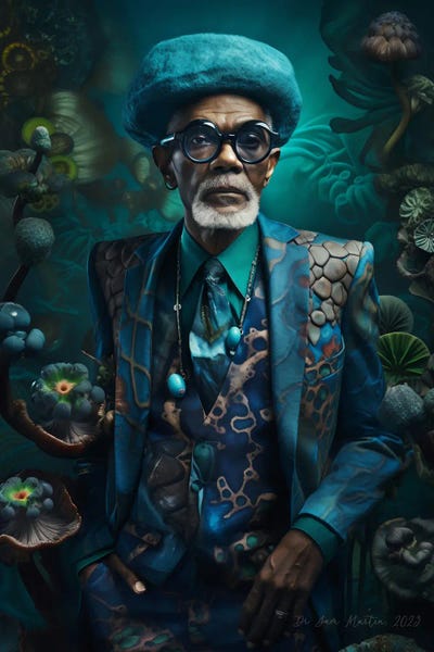 Teal: Retro Futurist African Grandpa - Mushrooms II by Digital Wild Art