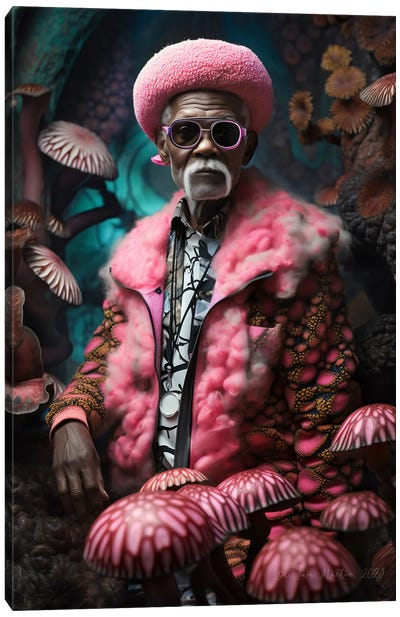 Retro Futurist African Grandpa - Mushrooms III Canvas Art Print - Mushroom Art
