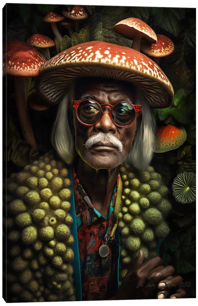 Retro Futurist African Grandpa - Mushrooms IV Canvas Art Print - Digital Wild Art