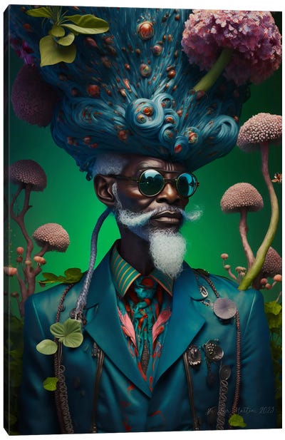 Retro Futurist African Grandpa - Mushrooms V Canvas Art Print - Mushroom Art