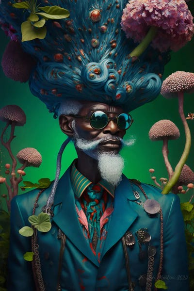 Green: Retro Futurist African Grandpa - Mushrooms V by Digital Wild Art