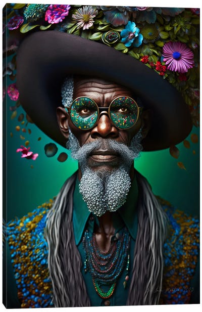 Retro Futurist African Grandpa - Mushrooms VI Canvas Art Print - Digital Wild Art