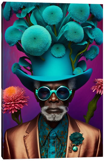 Retro Futurist African Grandpa - Mushrooms VII Canvas Art Print - Digital Wild Art