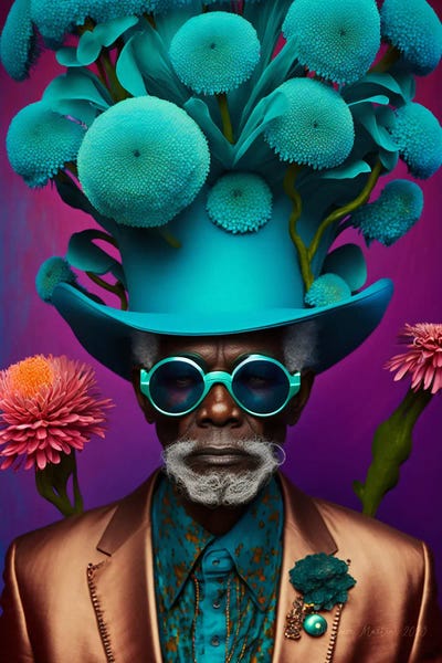 Teal: Retro Futurist African Grandpa - Mushrooms VII by Digital Wild Art
