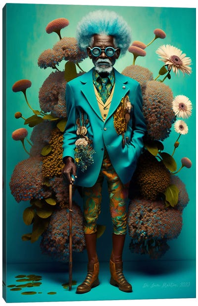 Retro Futurist African Grandpa - Mushrooms VIII Canvas Art Print - Mushroom Art