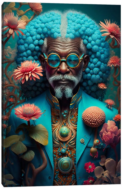 Retro Futurist African Grandpa - Mushrooms IX Canvas Art Print - Mushroom Art
