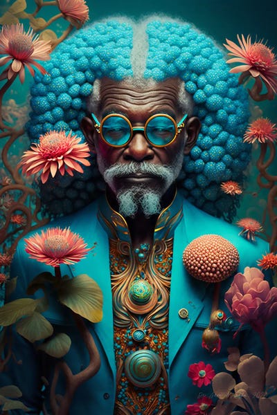 Teal: Retro Futurist African Grandpa - Mushrooms IX by Digital Wild Art