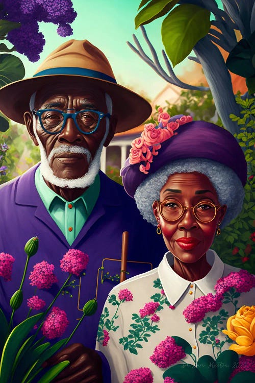 Retro Futurist African Grandparents - Garden I by Digital Wild Art wall art