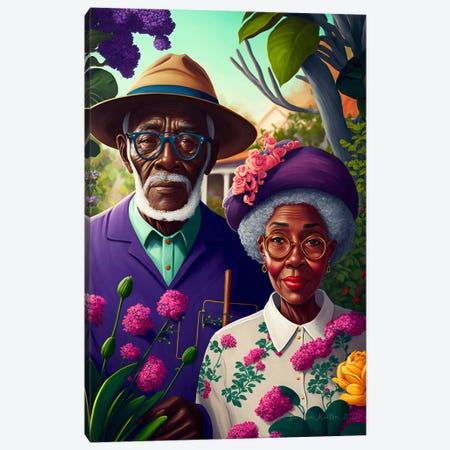 Retro Futurist African Grandparents - Garden I Canvas Print #DGW78} by Digital Wild Art Canvas Wall Art
