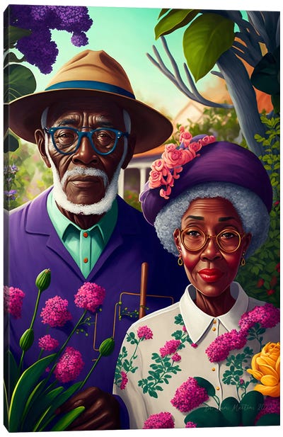 Retro Futurist African Grandparents - Garden I Canvas Art Print - American Gothic Reimagined