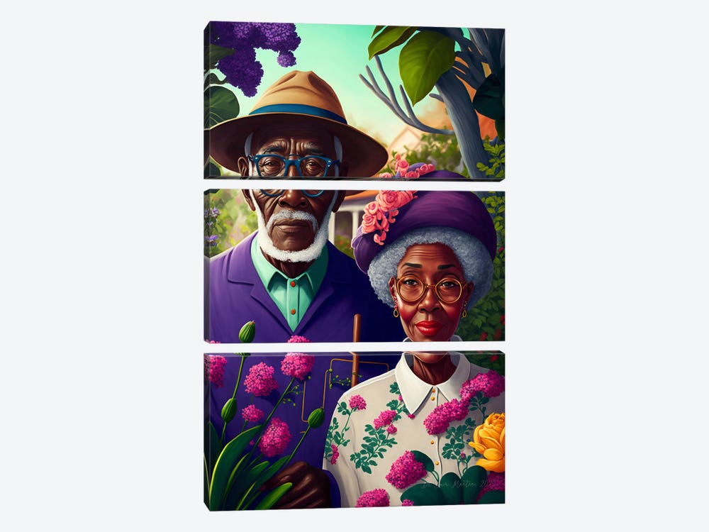 Retro Futurist African Grandparents - Garden I by Digital Wild Art 3-piece Canvas Wall Art