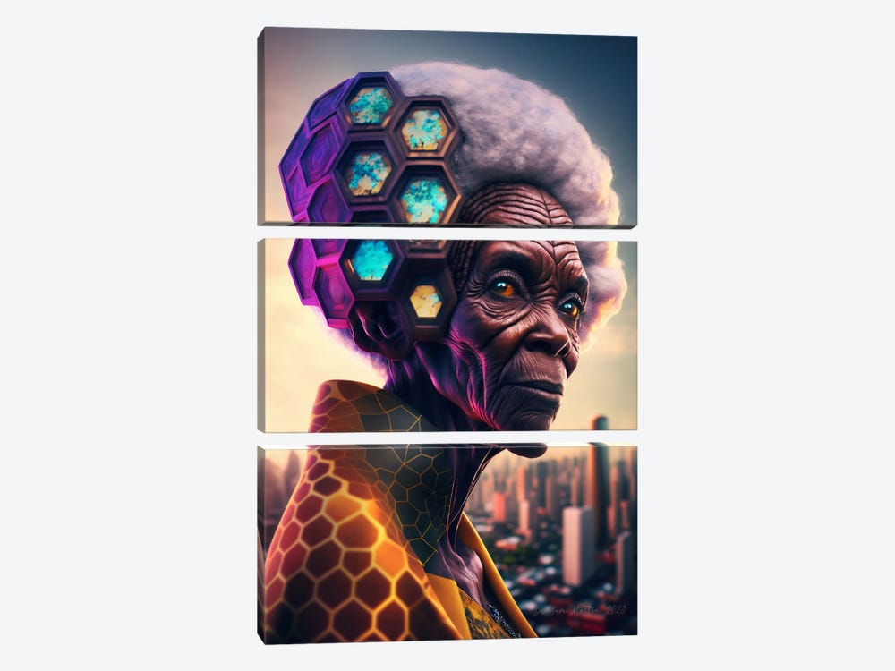 Afrofuturist African Black Grandma - Lady Bertha Bee by Digital Wild Art 3-piece Canvas Artwork