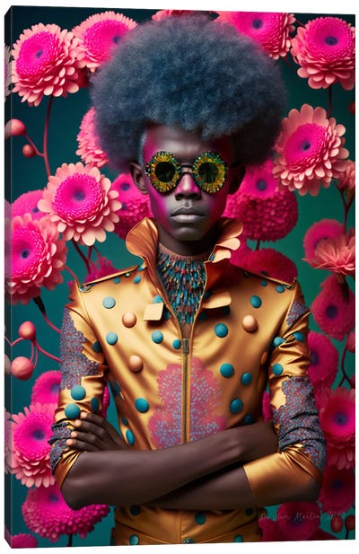 Retro Futurist African Man - Flowers I Canvas Art Print - Digital Wild Art