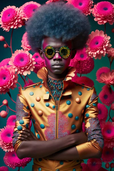 Otherworldly Opulence: Retro Futurist African Man - Flowers I by Digital Wild Art