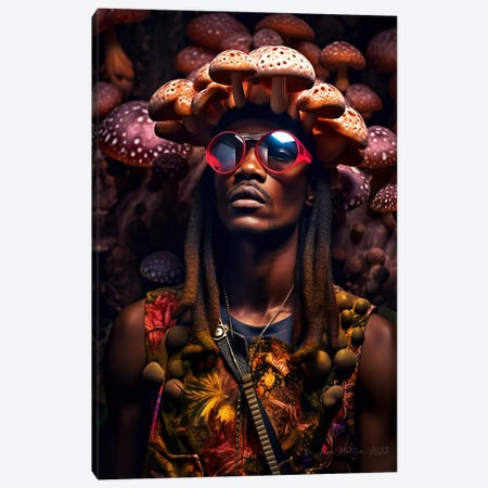 Retro Futurist African Man - Mushrooms I Canvas Print #DGW81} by Digital Wild Art Canvas Art Print