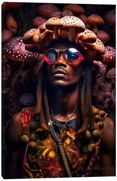 Retro Futurist African Man - Mushrooms I Canvas Art Print - Mushroom Art