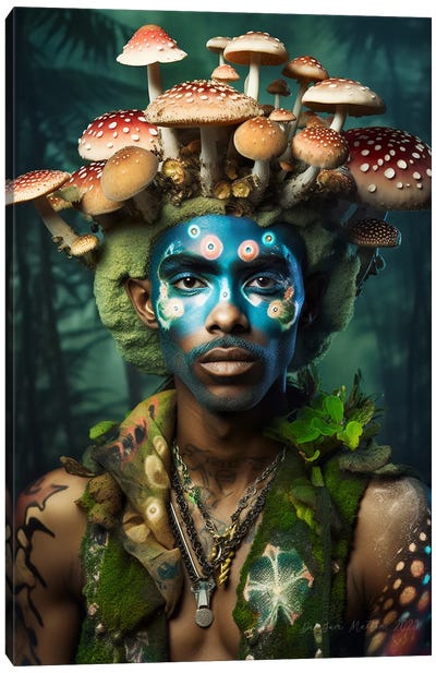 Retro Futurist African Man - Mushrooms II Canvas Art Print - Nature Renewal