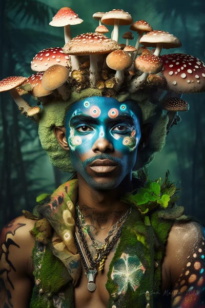 Nature Renewal: Retro Futurist African Man - Mushrooms II by Digital Wild Art