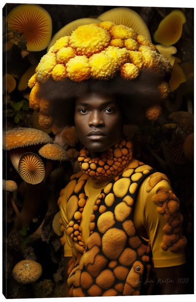 Retro Futurist African Man - Mushrooms III Canvas Art Print - Mushroom Art