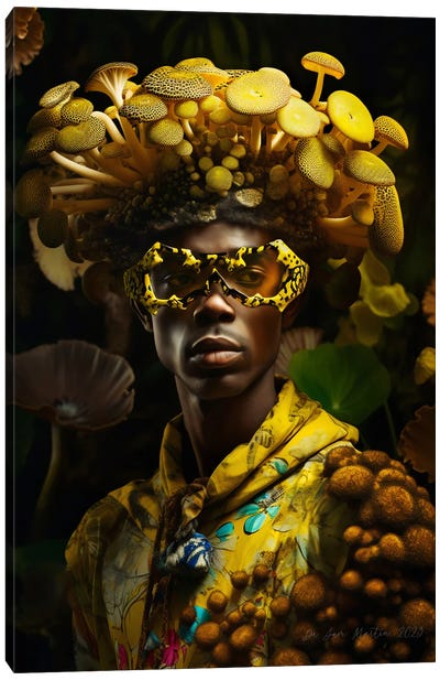 Retro Futurist African Man - Mushrooms IV Canvas Art Print - Digital Wild Art
