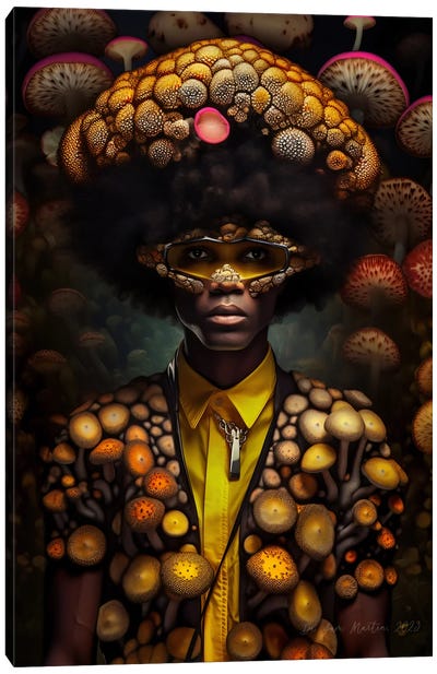 Retro Futurist African Man - Mushrooms V Canvas Art Print - Mushroom Art