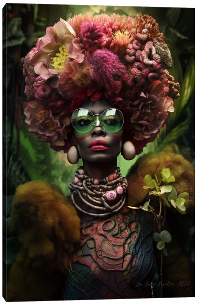 Retro Futurist African Woman - Mushrooms I Canvas Art Print - Mushroom Art