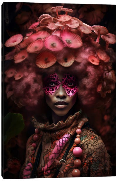 Retro Futurist African Woman - Mushrooms II Canvas Art Print - Mushroom Art