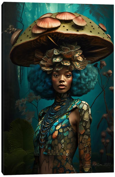 Retro Futurist African Woman - Mushrooms III Canvas Art Print - Digital Wild Art