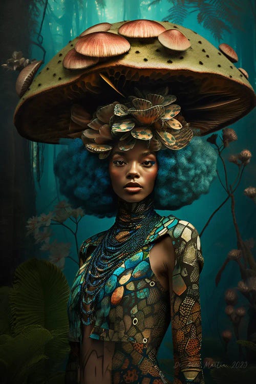 Retro Futurist African Woman - Mushrooms III