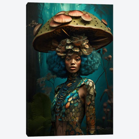 Retro Futurist African Woman - Mushrooms III Canvas Print #DGW89} by Digital Wild Art Canvas Print